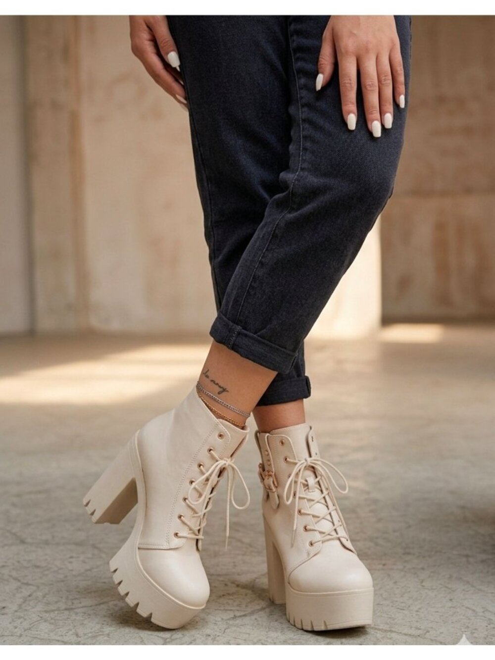 Lace-Up Platform Chunky Heel Ankle Boots With Gold Buckle Detail Faux Leather
